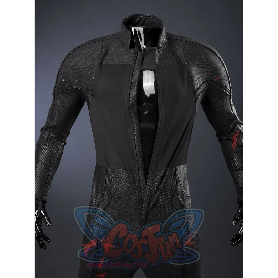 Matt Murdock black cosplay centers a black bodysuit with stretch knit snake-pattern faux leather and red accents.