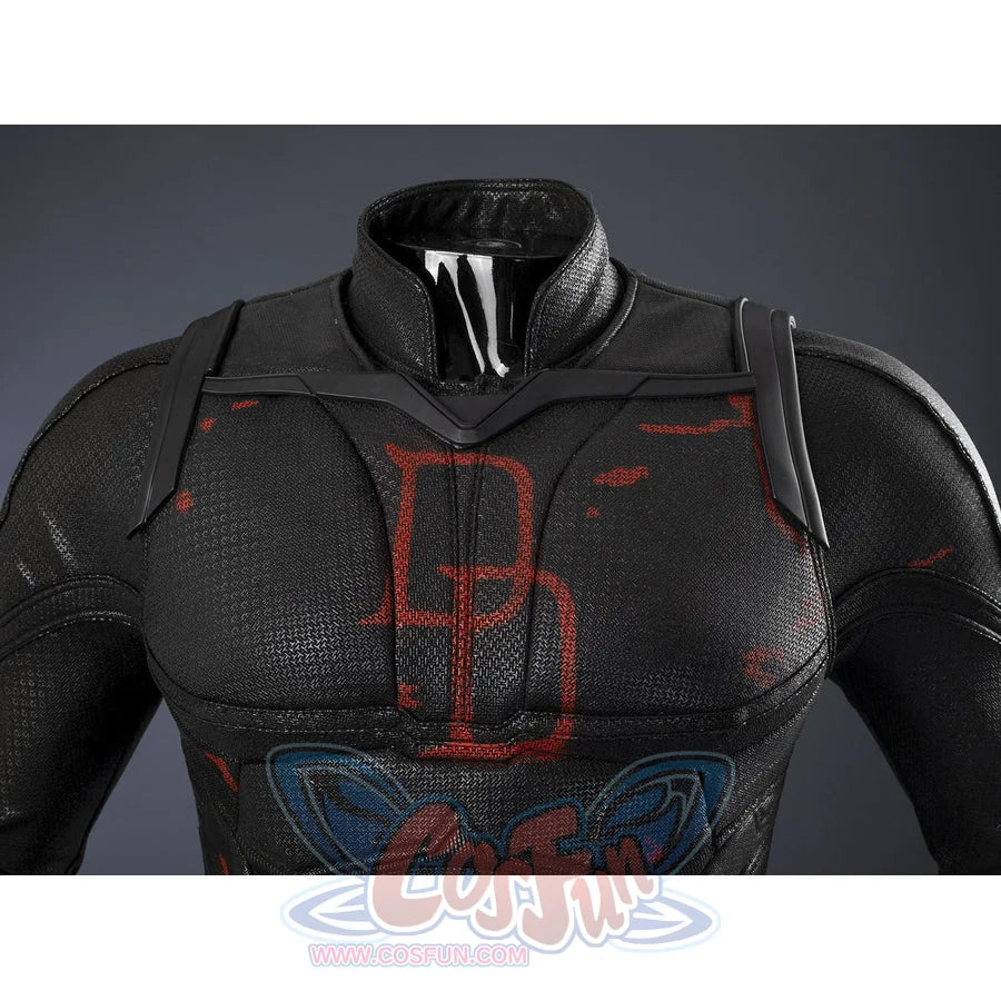 Matt Murdock black cosplay centers black textured bodysuit with red chest emblem detail.