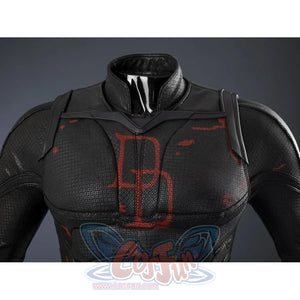 Matt Murdock black cosplay centers black textured bodysuit with red chest emblem detail.