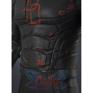 Matt Murdock black cosplay suit showcases a textured bodice with red markings and a structural black utility waist belt.