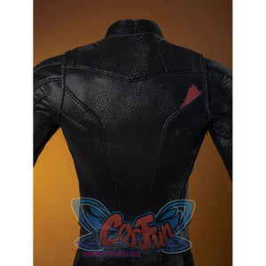 Matt Murdock cosplay costume upper back detail layers textured black panels around a small red shoulder accent.
