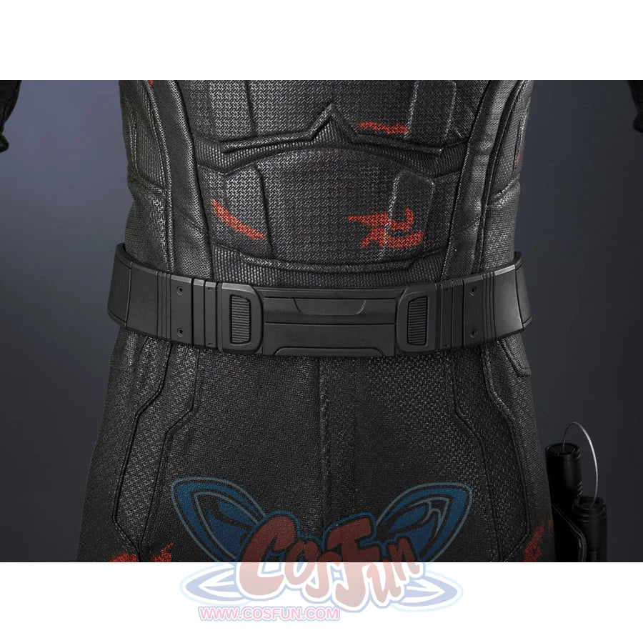 Matt Murdock black cosplay utility belt centers the torso over a textured snake-pattern bodysuit with reinforced stitching.