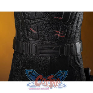 Matt Murdock cosplay costume waist detail anchors a segmented black belt across textured abdominal armor.