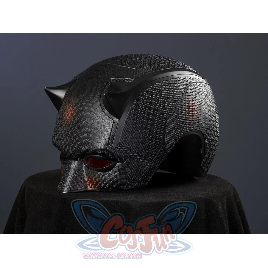 Matt Murdock black cosplay helmet crafted from fiberglass pairs a detailed textured surface and deep red eye lenses.