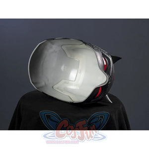 Matt Murdock black cosplay helmet reveals the smooth interior white fiberglass structure within the textured outer shell.