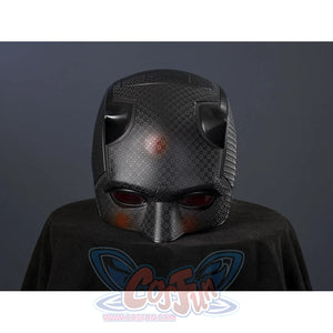 Matt Murdock black cosplay helmet crafted from fiberglass captures intricate textures and dark red eye lens highlights.