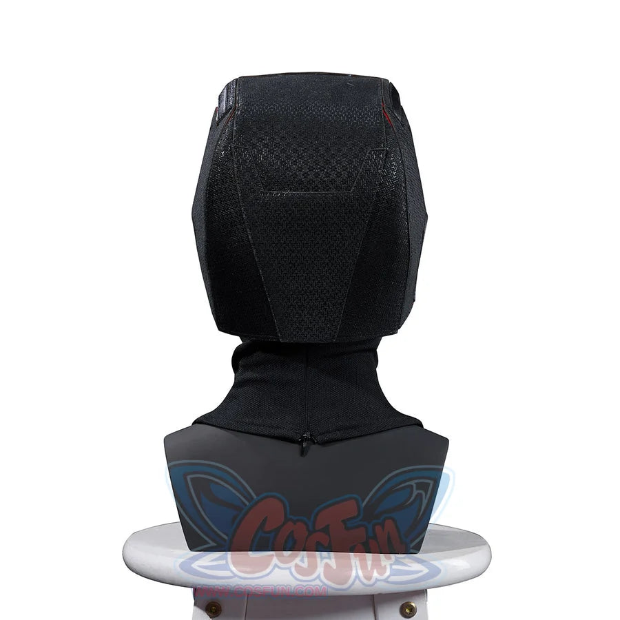Matt Murdock cosplay hood back view centers textured black fabric around a rear seam and fitted neck coverage.