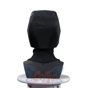 Matt Murdock cosplay hood back view centers textured black fabric around a rear seam and fitted neck coverage.