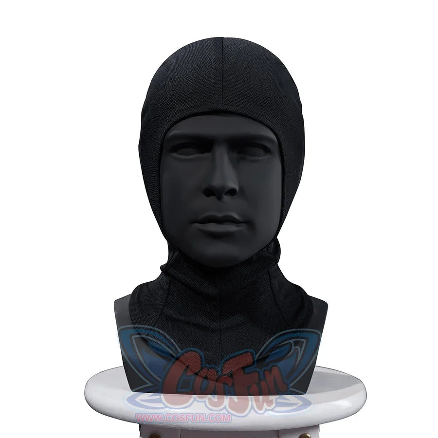 Matt Murdock cosplay hood front view frames the face opening with smooth black fabric and fitted neck coverage.