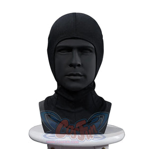 Matt Murdock cosplay hood front view frames the face opening with smooth black fabric and fitted neck coverage.