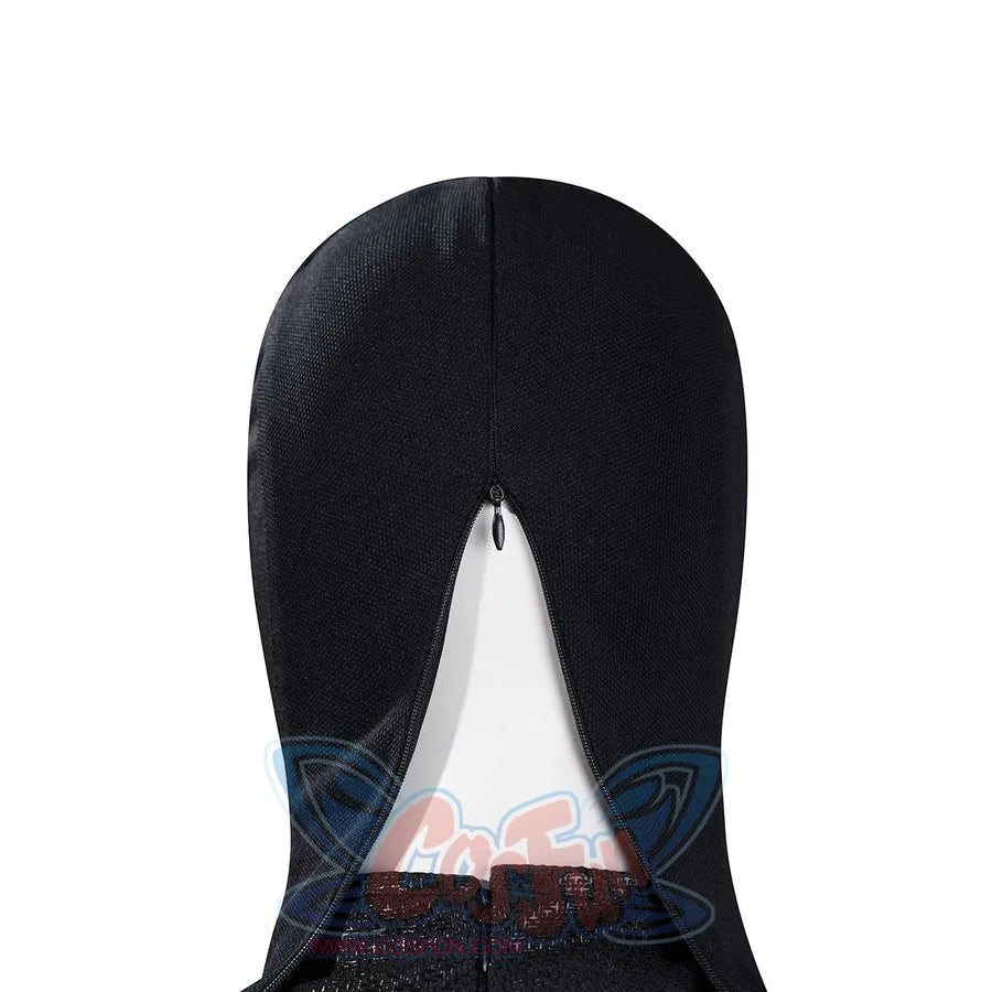 Matt Murdock cosplay hood detail traces the rear zipper set into black fabric with a split opening.