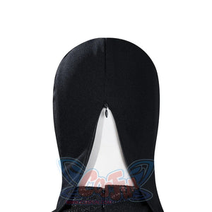 Matt Murdock cosplay hood detail traces the rear zipper set into black fabric with a split opening.