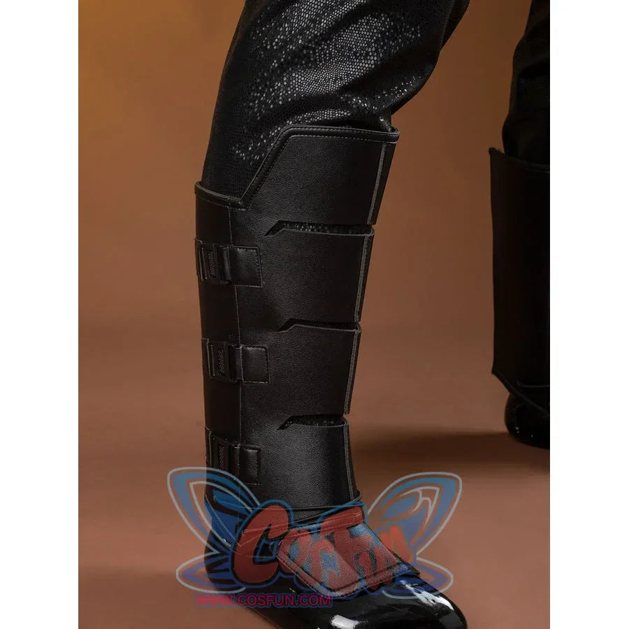 Matt Murdock cosplay leg guard wraps the shin in black panels secured by three adjustable rear straps.
