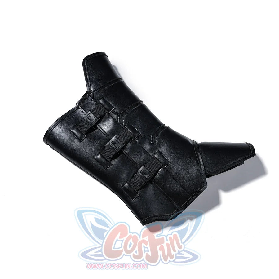 Matt Murdock cosplay lower leg guard curves in black faux leather with layered straps and pointed edges.