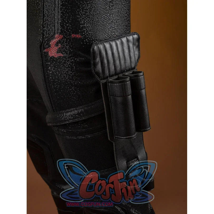 Matt Murdock cosplay nunchaku detail rests in a black thigh holster beneath its ribbed handle grip.