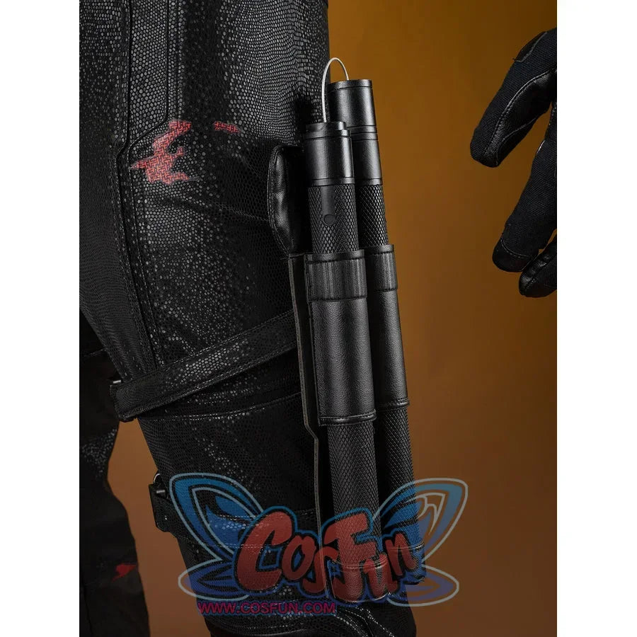 Matt Murdock cosplay thigh holster secures the black nunchaku beside textured pants and a fitted strap.