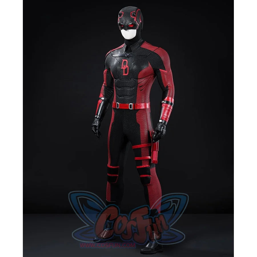 Matt Murdock cosplay costume angled view frames red arm guards across a black-and-red bodysuit above the thigh holster.