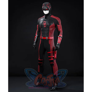 Matt Murdock cosplay costume angled view frames red arm guards across a black-and-red bodysuit above the thigh holster.