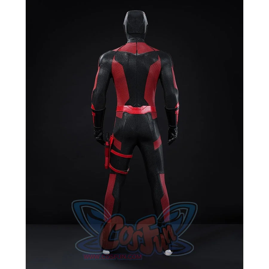 Matt Murdock cosplay bodysuit back view anchors red shoulder panels over a red belt and matching leg guards.