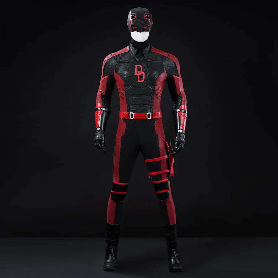 COSFUN Matt Murdock cosplay costume front view layers black-and-red panels over a helmeted bodysuit and holster gear.
