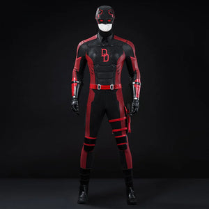 COSFUN Matt Murdock cosplay costume front view layers black-and-red panels over a helmeted bodysuit and holster gear.