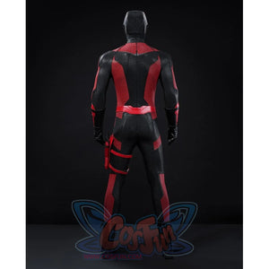 Matt Murdock cosplay costume rear view traces red back panels through black textured fabric above a glossy waist belt.