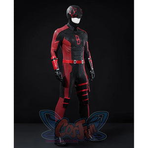 Matt Murdock cosplay costume side view sets red panels across the bodysuit above strapped lower leg guards.