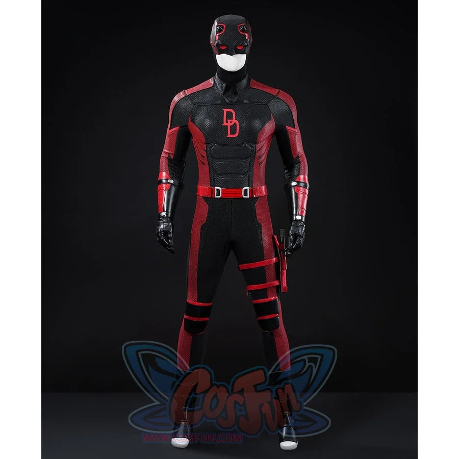 Matt Murdock cosplay costume straight front centers the helmeted bodysuit under red guards and a dark utility belt.
