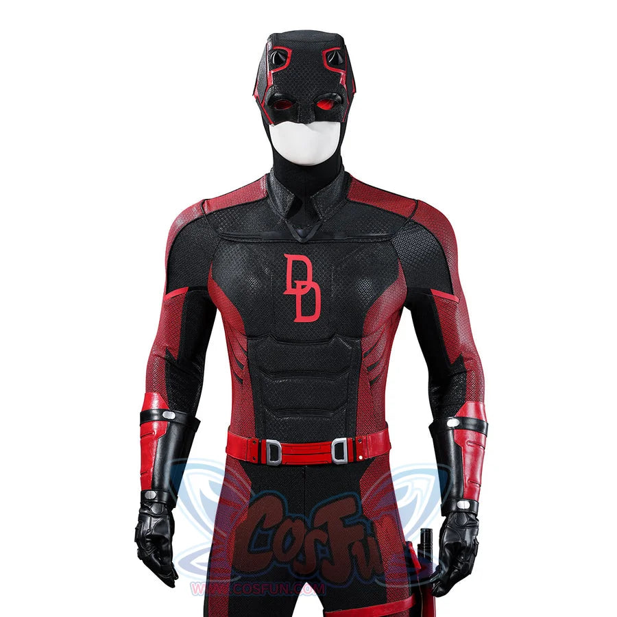 Matt Murdock cosplay costume upper body frames the chest emblem between red sleeves and a baton holster.