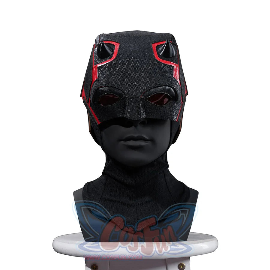 Matt Murdock cosplay helmet front view frames dark eye openings with red horn accents over the black hood.