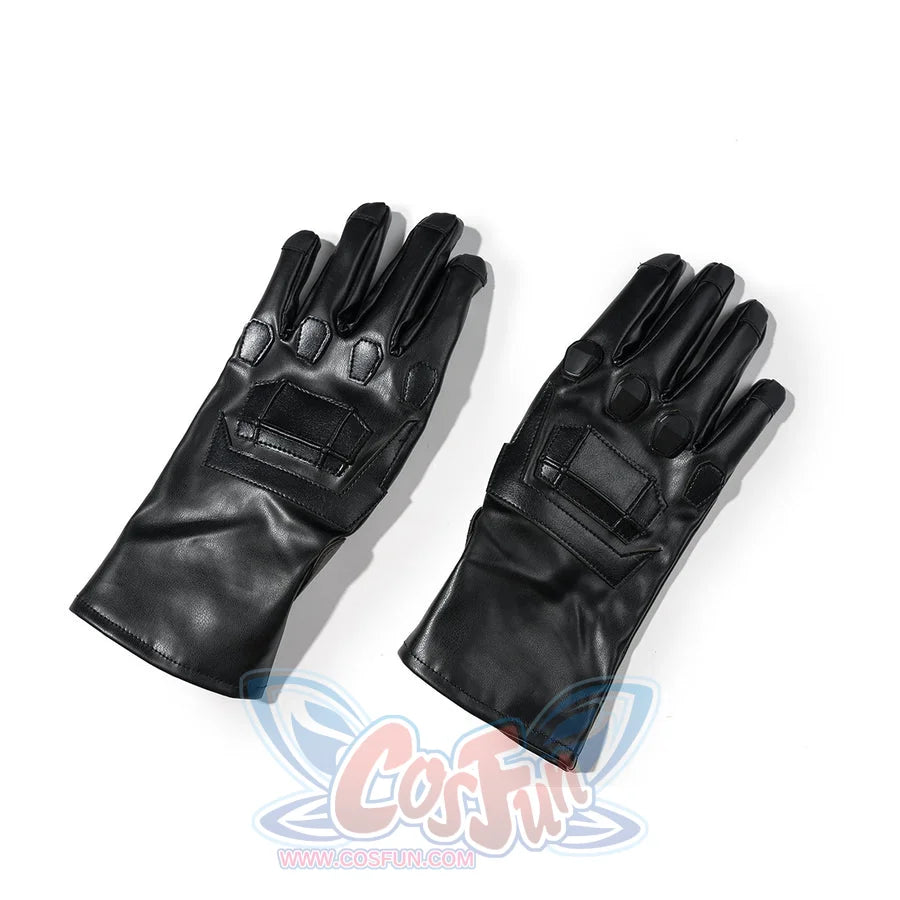 Matt Murdock cosplay gloves center black faux leather texture across padded knuckles and long wrist cuffs.