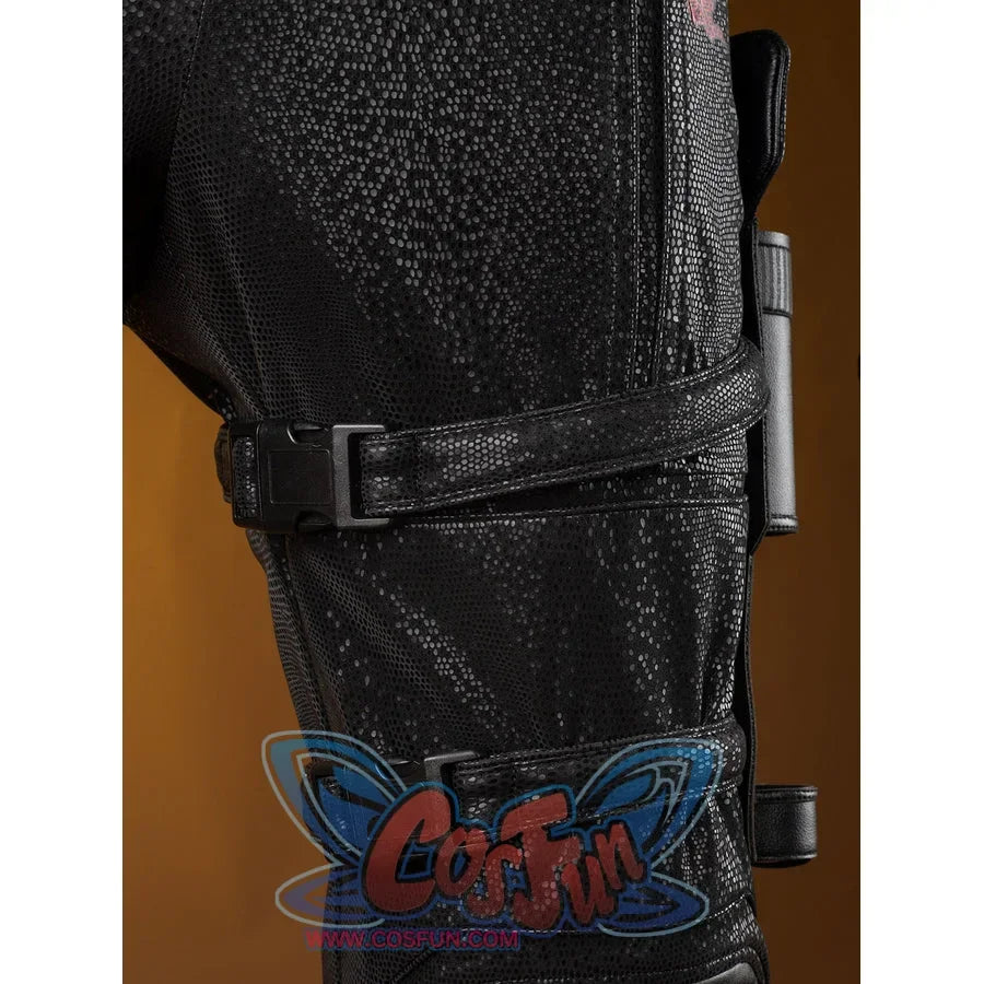 Matt Murdock cosplay thigh strap detail wraps two black buckled bands around the textured jumpsuit leg.