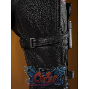 Matt Murdock cosplay thigh strap detail wraps two black buckled bands around the textured jumpsuit leg.