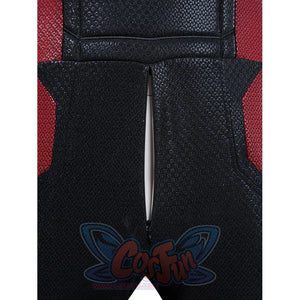Matt Murdock cosplay bodysuit zipper detail runs through black textured fabric between red side panels.