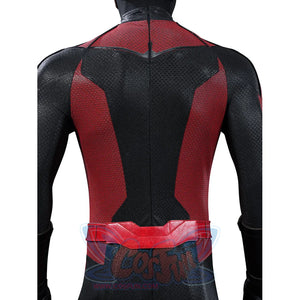 Matt Murdock cosplay costume back detail layers red shoulder shapes into the black textured bodysuit.