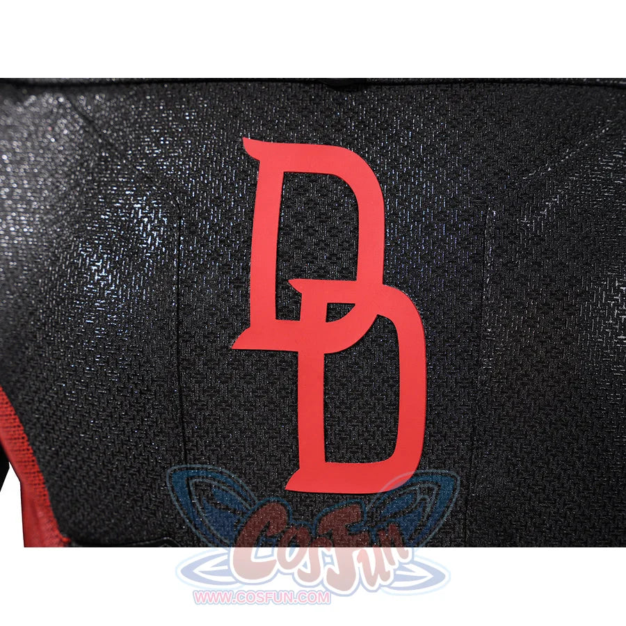 Matt Murdock cosplay costume chest emblem sits over black textured fabric framed by red side panels.