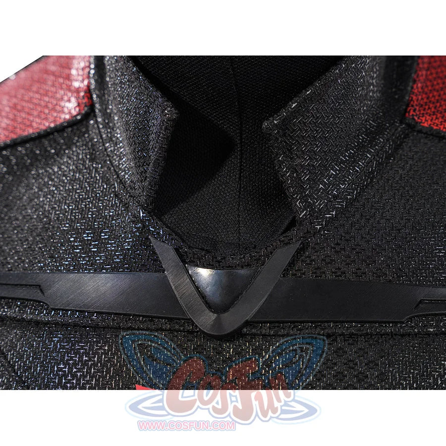 Matt Murdock cosplay costume collar detail anchors the black neckline above textured chest panels.