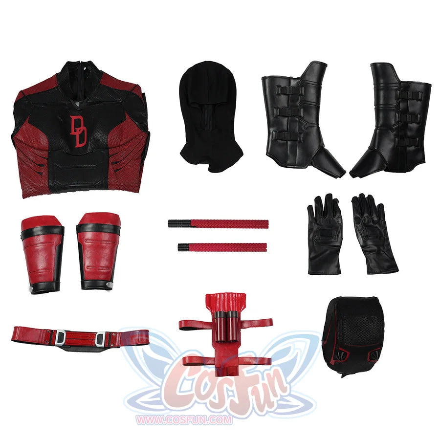 Matt Murdock cosplay costume set layout gathers the bodysuit and hood alongside guards, belt hardware, gloves and batons.