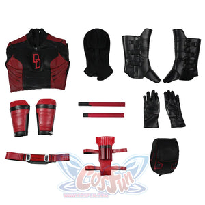 Matt Murdock cosplay costume set layout gathers the bodysuit and hood alongside guards, belt hardware, gloves and batons.