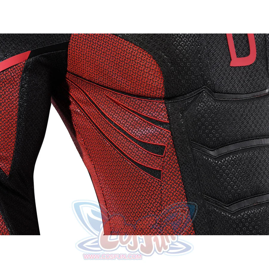 Matt Murdock cosplay costume side panel detail traces red textured fabric beside black chest padding.
