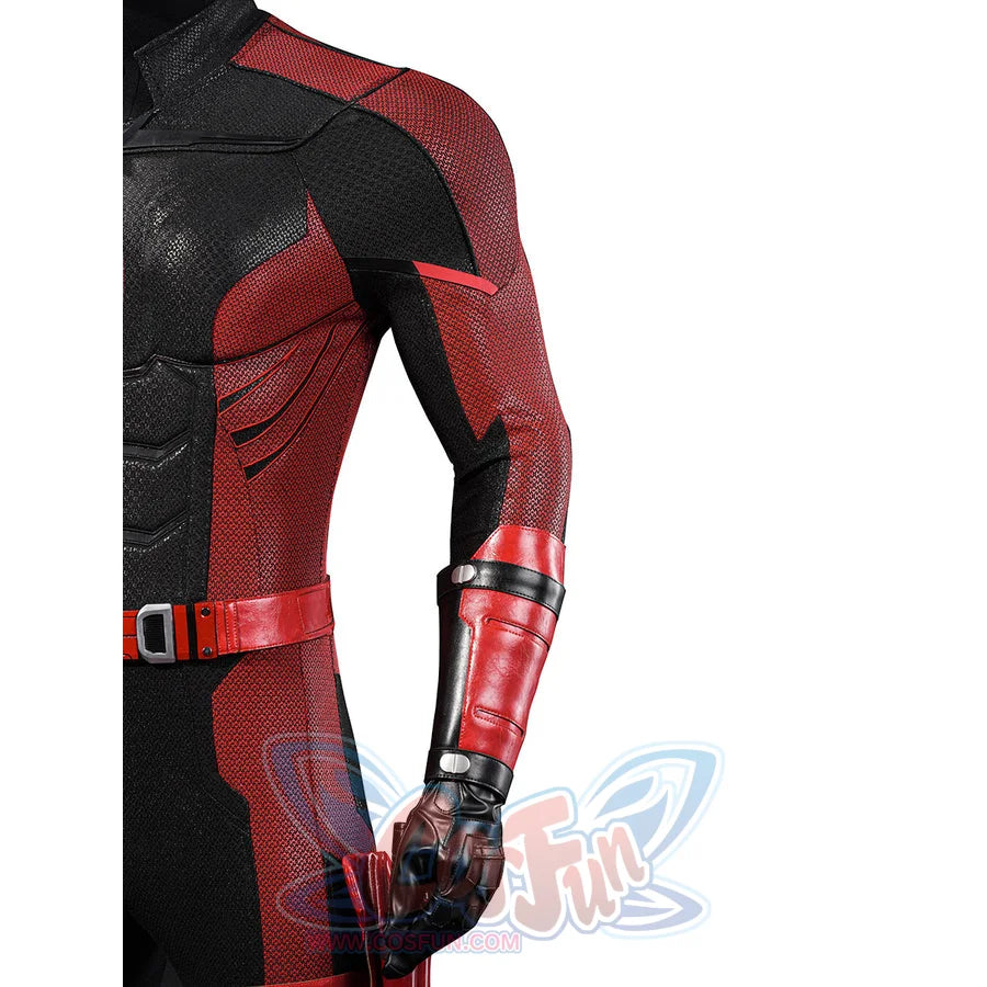 Matt Murdock cosplay costume side detail frames the red sleeve guard beside chest panels and the holster.