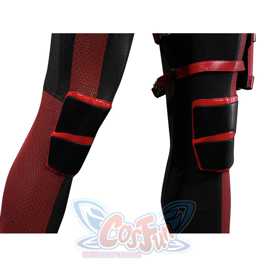 Matt Murdock cosplay leg guards trace red straps over black textured panels along the lower leg.