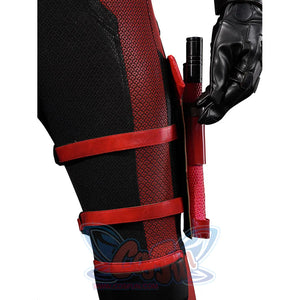 Matt Murdock cosplay leg holster detail secures a red baton against textured black-and-red fabric.