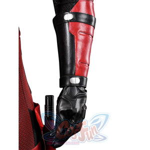 Matt Murdock cosplay arm guard detail layers red panels over a black glove beside the secured baton.