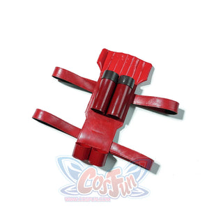 Matt Murdock cosplay baton holster centers red faux leather straps and twin holders for the costume set.