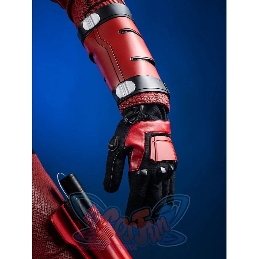 Matt Murdock cosplay arm guard gathers at the wrist while tactical black gloves anchor a pair of red combat nunchucks.
