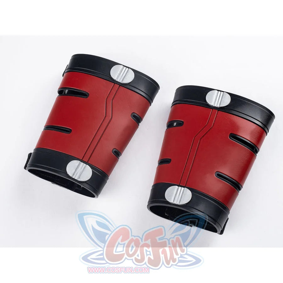 Matt Murdock cosplay arm guards in deep red and black composite faux leather layer around the forearm with circular accents.