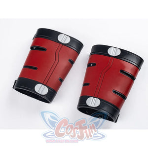 Matt Murdock cosplay arm guards in deep red and black composite faux leather layer around the forearm with circular accents.
