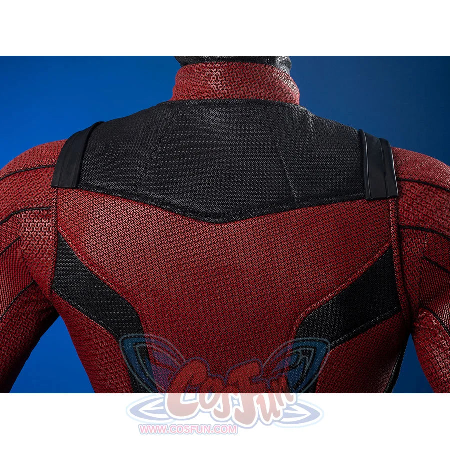 Matt Murdock cosplay bodysuit back view frames reinforced shoulder panels and textured stretch fabric with black trim.