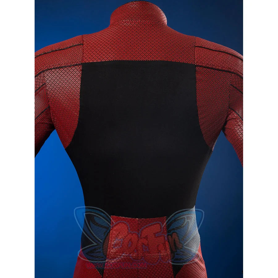 Matt Murdock cosplay costume back view with textured red fabric and solid black vest panel sections across the torso.